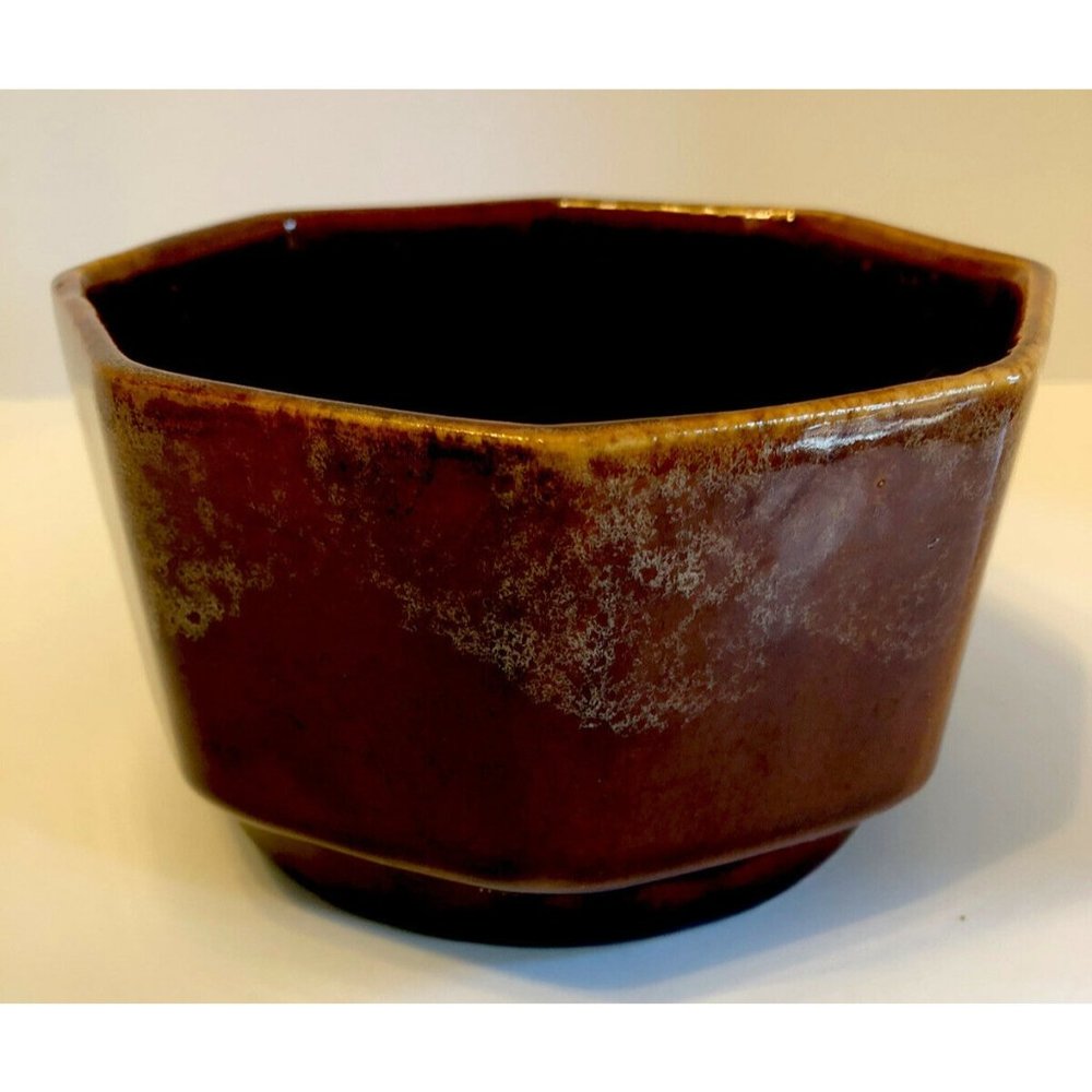 VTG Octagonal Planter USA Brown Drip Footed Succulents Flowers